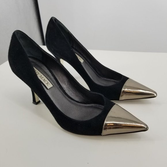 Emy Mack Black Suede and Metallic Pointed Toe Heels Size 9 - Picture 1 of 12